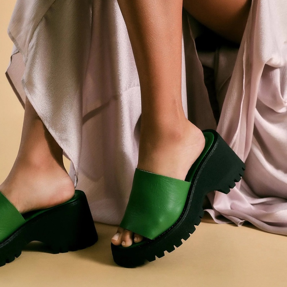 Free People Green Leather Platform Slide Mules